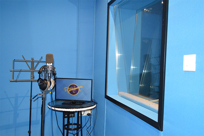 A vocal booth with a condenser microphone, pop filter and headphones beside a window to the control room