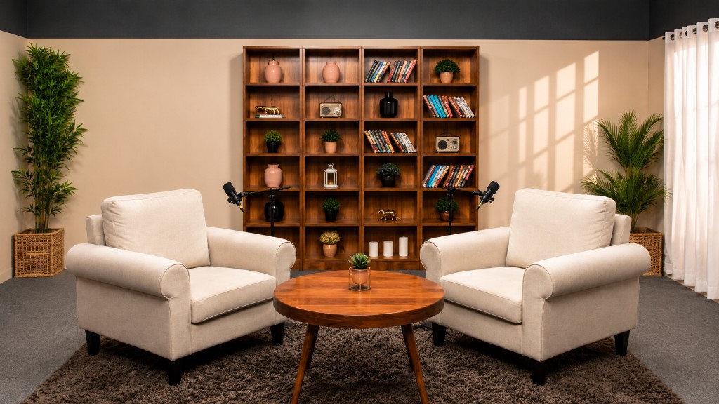 A podcast set with two armchairs, two microphones on boom arms and a bookcase backdrop